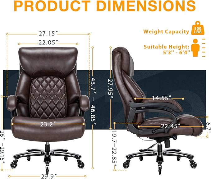 Big and Tall Office Chair for Heavy People, 500LBS High Back Extra Wide Heavy Duty Executive Office Chair Comfortable for Home Office, Large Computer Desk Chair with Adjustable Lumbar Support Brown