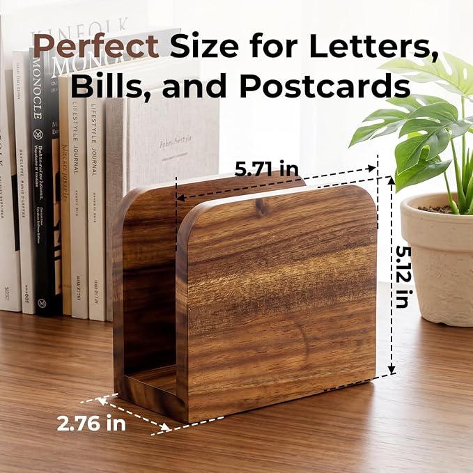 Acacia Wood Mail Organizer Countertop -Small Letter Holder for Desk, Rustic Farmhouse Decor, Upright Bill postcards, and notepads Stand for Entryway & Office，Also Works as Napkin Holder