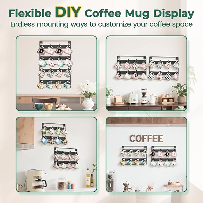 EsLuker.ly Mug Holder Hanger Rack Wall Mounted Wooden 2 Pack Coffee Cup Storage Organizer Display Shelf with 16 Movable Plastic Hooks, Ideal for Mug Collectors, Black