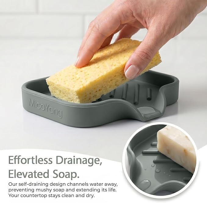 MicoYang Silicone Soap Dish with Drain Spout, Self-Draining Sink Organizer Tray for Bathroom and Kitchen, Sponges, Dispensers and Soap Holder, Non-Slip and Dishwasher Safe, Grey (Compact, 4.9"×3.2")