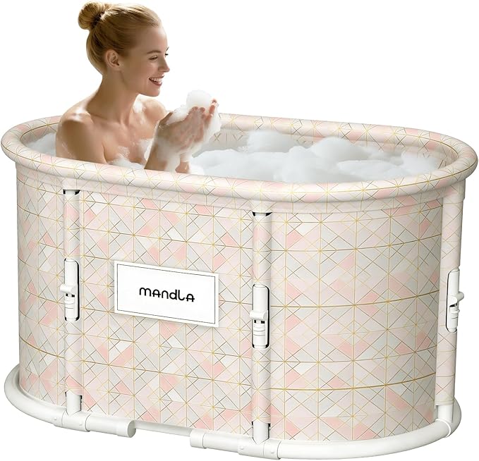 Portable Bathtub, Foldable Bathtub No Installation, Freestanding Shower Bathtubs with Cushion, Collapsible SPA Soaking Bath Tub, Hot & Ice Bath Tub for Indoor Outdoor (Pink White Grid)
