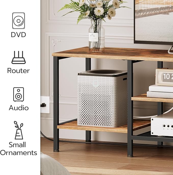 HOOBRO TV Stand with Power Outlets to 75 Inches, TV Console Table with Open Storage Shelves Cabinet, Industrial Media Entertainment Center for Living Room Bedroom, Rustic Brown and Black BF60DS01