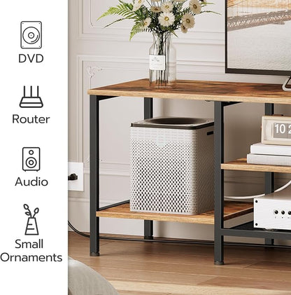 HOOBRO TV Stand with Power Outlets to 75 Inches, TV Console Table with Open Storage Shelves Cabinet, Industrial Media Entertainment Center for Living Room Bedroom, Rustic Brown and Black BF60DS01