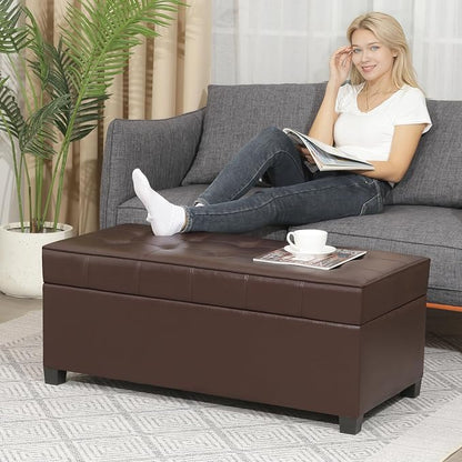 Homebeez 40" Faux Leather Storage Ottoman Bench, End of Bed Bench, Upholstered Bench with Storage for Living Room,Bedroom,Entryway (40" Brown)