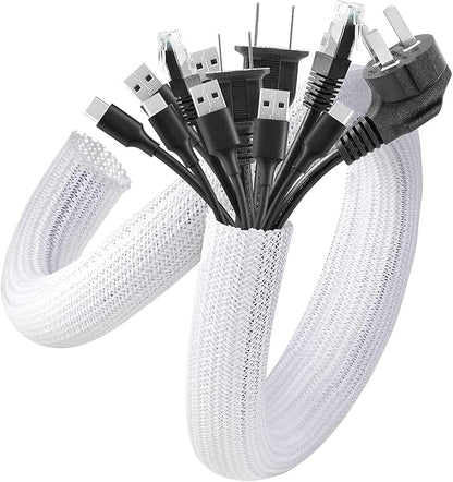 AGPTEK Cable Sleeve Cover, 2Pack 5ft - 1.8 inch Desk Cord Organizer Cable Hider, Home Office Wire Management Computer TV Wire Loom Tubing, Pet Proof Cord Protector, from Cat Dog Chewing, White