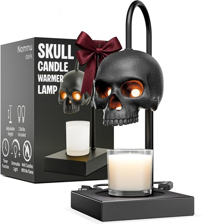 Skull Candle Warmer Lamp with Timer and Dimmer *Candles NOT Included – Black Gothic Candle Lamp Warmer w/Adjustable Height, 2 Light Bulbs – Skull Decor, Goth Gothic Decor Spooky Home & Witchy Gifts