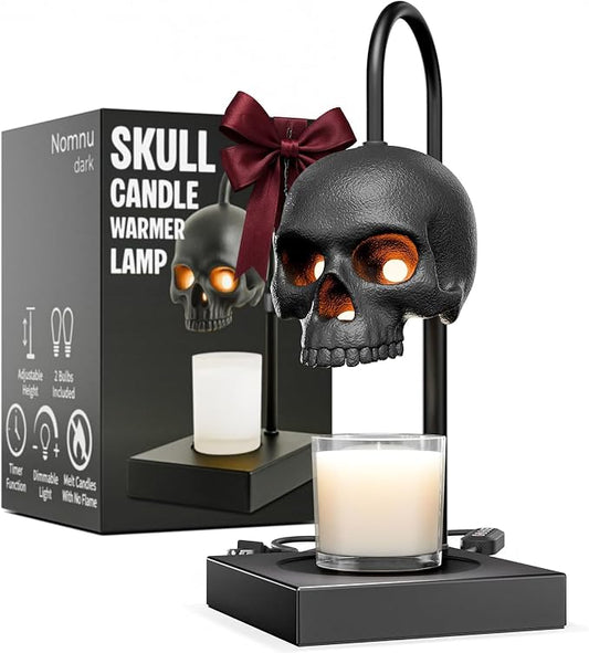 Skull Candle Warmer Lamp with Timer and Dimmer *Candles NOT Included – Black Gothic Candle Lamp Warmer w/Adjustable Height, 2 Light Bulbs – Skull Decor, Goth Gothic Decor Spooky Home & Witchy Gifts