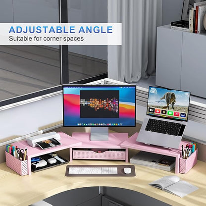gianotter Dual Monitor Stand Riser, Desk Organizer With Drawer and 2 Pen Holders,Desk Organizers and Accessories, Pink Office Supplies (Pink)