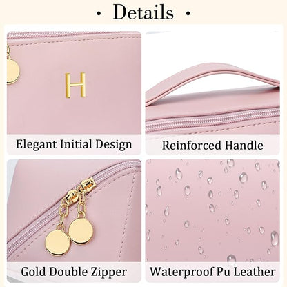 Valentine's Day Gifts for Women Teen Girl, Personalized Initial Makeup Organizer Bag Set, Open Flat Travel Cosmetic Bag With Clear Divider and Handle(Pink,H)