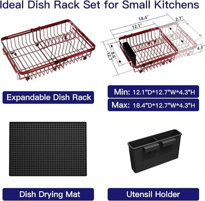 MAJALiS Red Dish Drying Rack Over The Sink with Utensil Holder, Mat | Expandable Stainless Steel Dish Drainer for Small Kitchen, Apartment, RV, Counter Space Saving, Perfect Fit, Rustproof