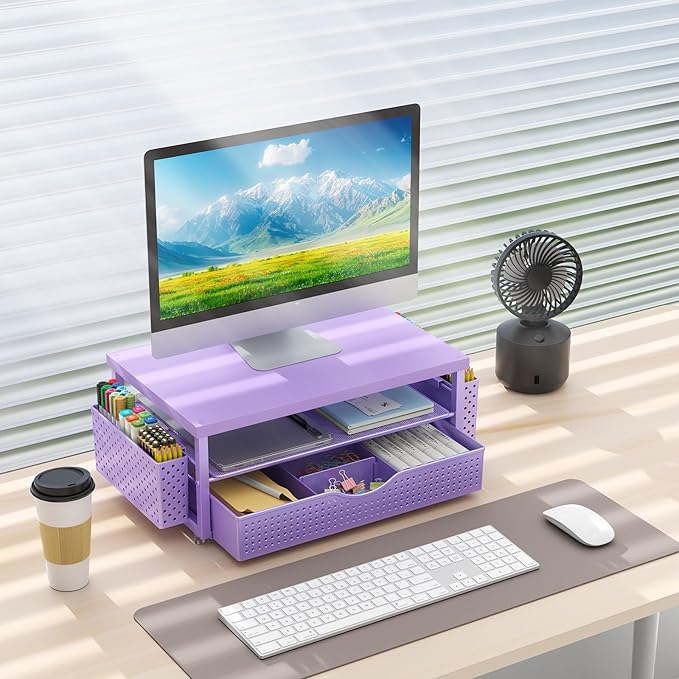 gianotter Monitor Stand Riser, Desk Organizer with Drawer and 2 Pen Holders, 2-Tier Workspace Organizer for Office Supplies