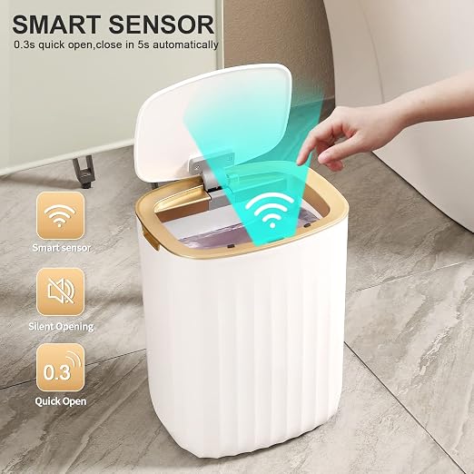 ELPHECO 3.5 Gallon Waterproof Motion Sensor Bedroom Trash Can with Lid Bathroom Decor, Bathroom Accessories Automatic Garbage Bin for Living Room Office, Golden