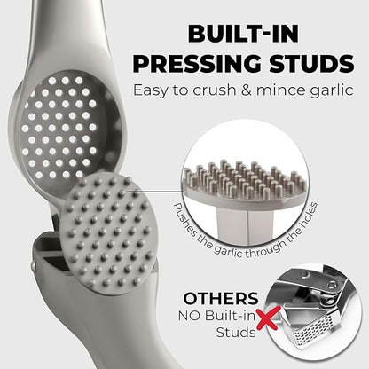Zulay Kitchen Large Premium Garlic Press Set – Rust Proof & Dishwasher Safe, Bigger Bowl Garlic Mincer Tool with Silicone Garlic Peeler & Brush, Easy Squeeze & Clean, Ergonomic Handle - Silver