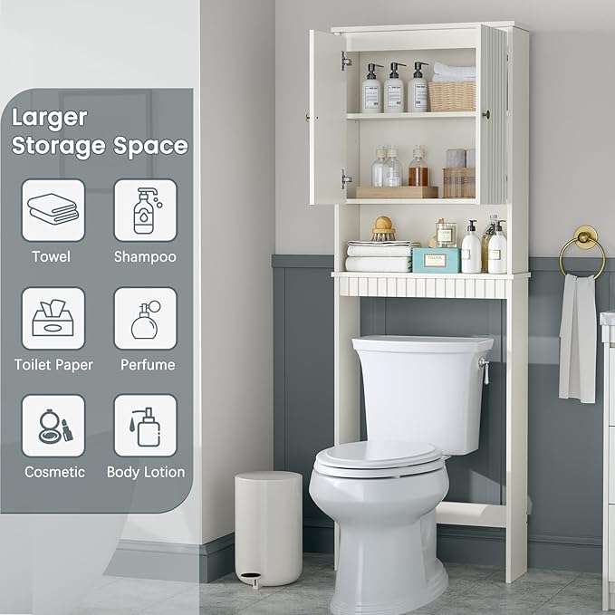 Over The Toilet Storage Cabinet, Over Toilet Storage with Fluted Door, Over The Toilet Storage Bathroom Organizer Bathroom Shelf Over Toilet, Behind Toilet Storage Cabinet Organizer,Cream White