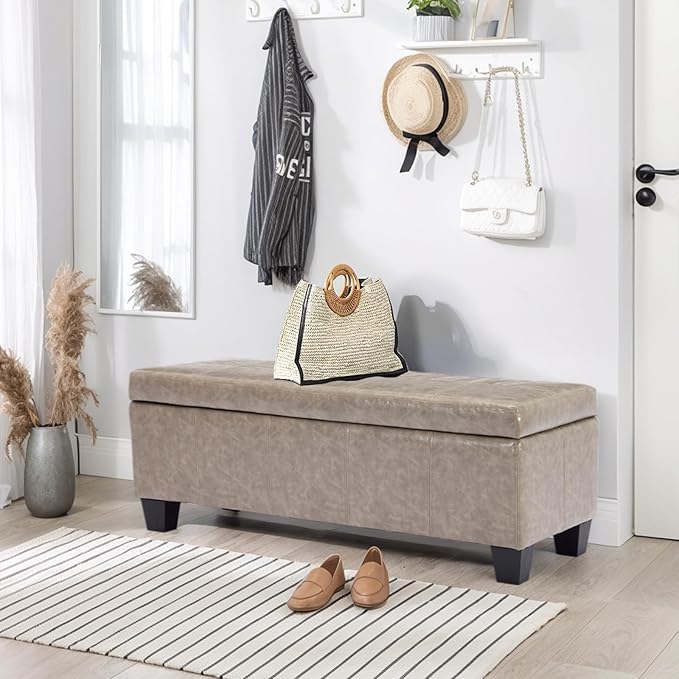 Faux Leather Ottoman with Storage, 41" Storage Bench Foot Rest with Legs, Ottoman Bench Sturdy Wood Frame Supports 660 lbs for Bedroom, Living Room, Entryway, Grey