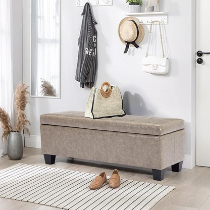Faux Leather Ottoman with Storage, 41" Storage Bench Foot Rest with Legs, Ottoman Bench Sturdy Wood Frame Supports 660 lbs for Bedroom, Living Room, Entryway, Grey
