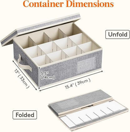 Lifewit 2 Pcs Coffee Mug Storage Box with Dividers, Stackable Cationic Hard Shell Stemware Containers with 24 Cells, Foldable Dustproof China Containers for Moving, Light Grey, 39 x33x14cm