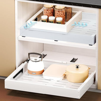 2 Pcs Pull Out Cabinet Organizers, Width (12"-19") and Depth (17"-23") Expandable With 3 Slides, No Drill Slide out Drawers Adhesive Film or Nail Cabinets Without Lip in Kitchen, Bathroom