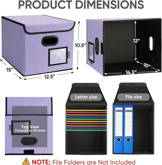 BALEINE File Organizer Box with Lid, Collapsible File Folder Organizer with Plastic Slide, Hanging File Folder Box for Office Document Storage (2 Pack, Purple)