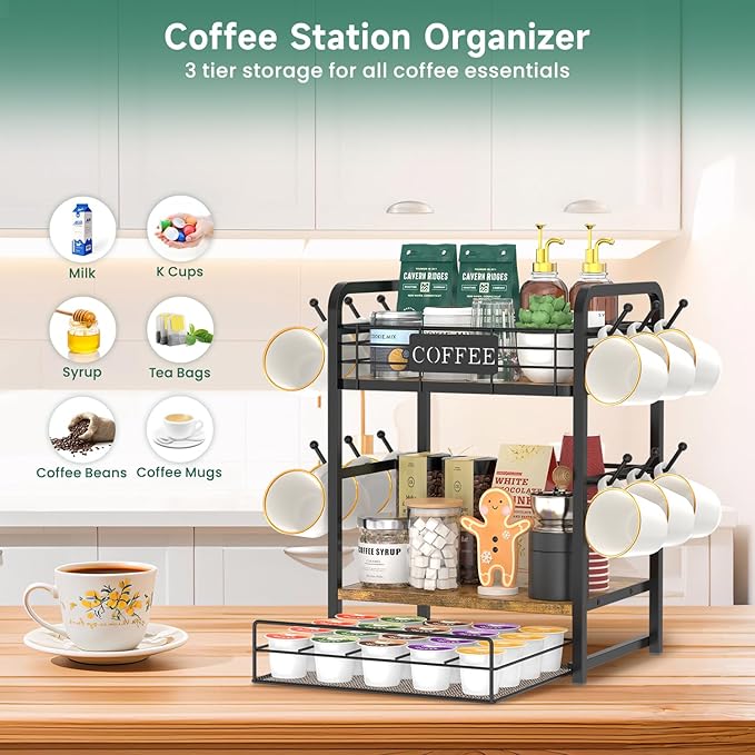 EsLuker.ly Coffee Bar Organizer Station Shelf Mug Holder, 3 Tier Coffee Cup Stand Rack for Countertop with 12 Hooks, K Cup Pod Organizer Drawer for Home Office, Keeps Essentials Tidy & Accessible