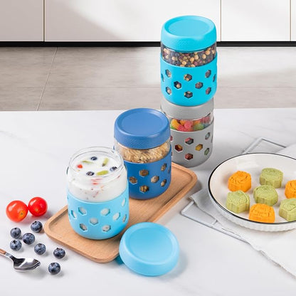 MICEBAY 16oz Overnight Oats Containers with Silicone Sleeves, 4-Pack Wide Mouth Glass Mason Salad Jars with Airtight Lids, BPA-Free Dishwasher Safe Leak-Proof Chia Seed Pudding Jar Meal Prep Container