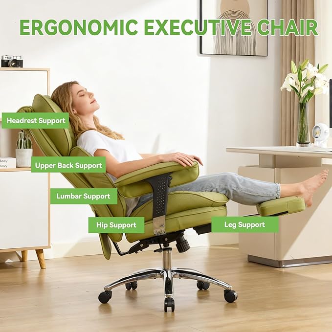 Efomao Big & Tall Executive Office Chair with Footrest - 400lbs Heavy Duty High Back PU Leather Desk Chair, Modern Ergonomic Reclining Computer Chair, Green