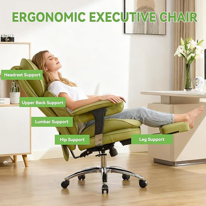 Efomao Big & Tall Executive Office Chair with Footrest - 400lbs Heavy Duty High Back PU Leather Desk Chair, Modern Ergonomic Reclining Computer Chair, Green