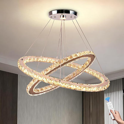 23.6'' Dimmable Oval Crystal Chandelier 2-Ring LED Pendant Island Light with Remote & App Control, 3-Color 2500K–6500K, Adjustable Height for Kitchen Dining Living Room Bedroom