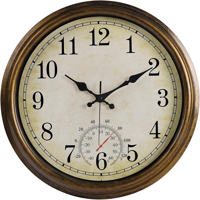 16 Inch Large Outdoor Clock, Waterproof Wall Clock with Thermometer, Battery Operated Silent Non-Ticking Vintage Wall Clock Quartz Round Clock Home Decor,Brown