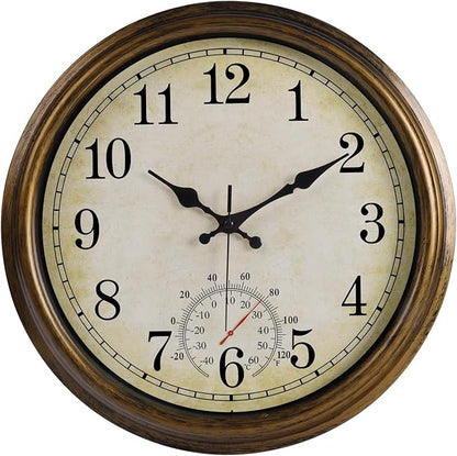 16 Inch Large Outdoor Clock, Waterproof Wall Clock with Thermometer, Battery Operated Silent Non-Ticking Vintage Wall Clock Quartz Round Clock Home Decor,Brown