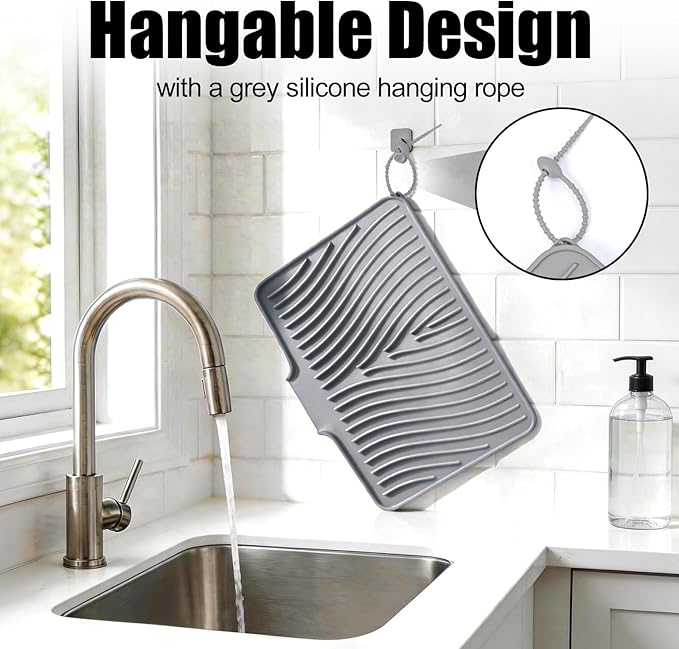 TIKNIK Silicone Dish Drying Mat for Kitchen Counter - Heat Resistant & Non-Slip Dish Drain Pad with Built-In Drain, Dishwasher Safe, Quick-Dry, Hangable & Roll-Up for Storage, Grey-1pcs, 20" x 15"