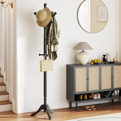 Giantex Solid Wood Coat Rack, Freestanding Hall Tree with 3 Adjustable Heights and 11 Hooks, Rubber Wood Frame, Entryway Hanger Stand, Wooden Garment Rack for Hallway, Living Room (Black)