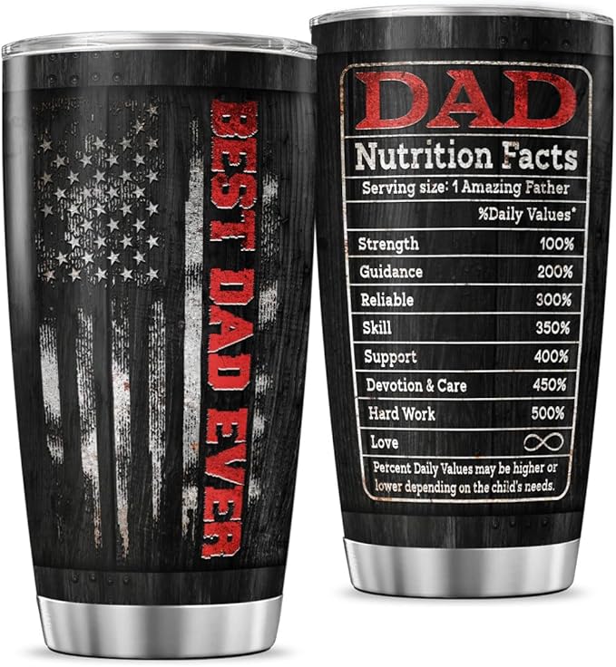 Best Dad Ever Black Travel Mug 20oz, Funny Nutrition Facts Insulated Stainless Steel Tumbler for Father, Husband, Grandpa, Unique Birthday or Father's Day