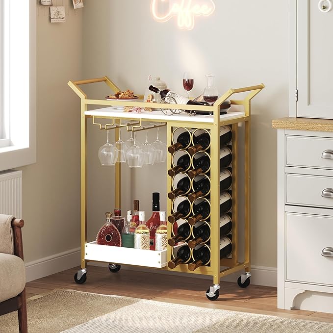 Bar Cart for Home, Gold Bar Cart with Wine Rack, Drink Cart with Wheels, Rolling Wine Cart with Glass Holder, Serving Cart for Kitchen, Gold and White RCJW18101
