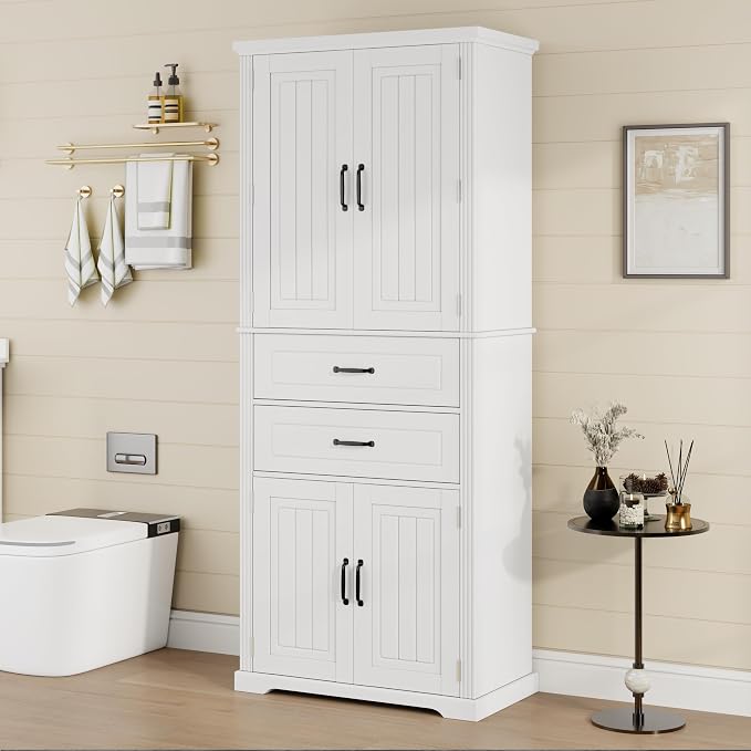 Storage Cabinet,Tall Freestanding Cabinet with Adjustable Shelf | Tall storage cabinet, 4-door design, 5+ shelves, upper door shelves, and 2 pull-out compartments for organized storage