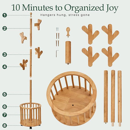 Wood Coat Rack with Umbrella Holder - Wooden Coat Tree Rack Freestanding Heavy Duty Stand with 12 Hooks, Rolling Hat Hanger Racks with Wheels for Bedroom Entryway Hallway Livingroom Corner (Natural)
