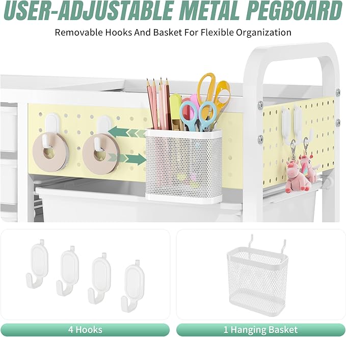 Rolling Storage Cart with 14 Drawers, Storage Organizer Cart with Tabletop and Pegboard,Utility Cart for Living Room, Classroom, Bedroom,Bathroom,Dorm,Office (Green)