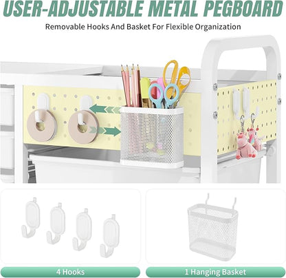 Rolling Storage Cart with 14 Drawers, Storage Organizer Cart with Tabletop and Pegboard,Utility Cart for Living Room, Classroom, Bedroom,Bathroom,Dorm,Office (Green)