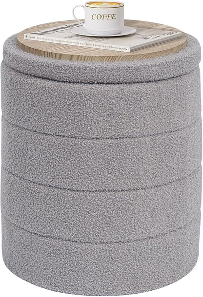 PINPLUS Round Storage Ottoman Foot Rest Stool with Tray Velvet Sherpa Folding Storage Ottoman,Boucle Foot Rest for Living Room, Bedroom, Dorm（Grey）