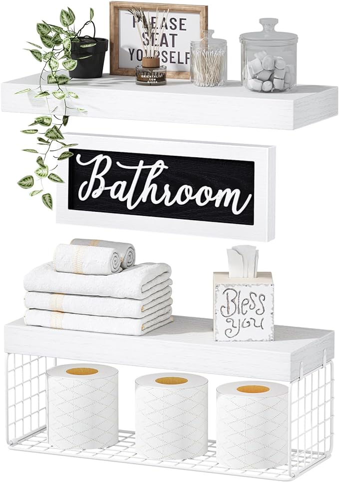 QEEIG ‎Bathroom Shelves Over Toilet - Paper Storage Wall Mounted Farmhouse Decor Decorations Aesthetic Décor Sign Small Floating Shelf 2+1 Set 16 inch, White (020WW)
