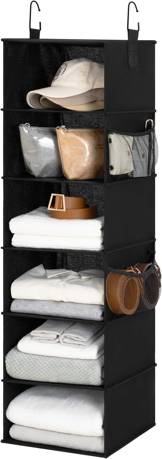 StorageWorks Hanging Closet Organizer, 6-Shelf Hanging Shelves with 2 Hooks, Foldable Space-Saving Design, Closet Organizers and Storage for Bedroom, Dorm, Locker, Black