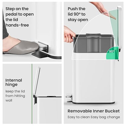 Cesun Bathroom Trash Can with Lid, 2.6 Gallon Small Bathroom Garbage Can Soft Close, Stainless Steel Waste Basket with Step Pedal for Bedroom, Laundry Room, Living Room, Home Office, Toilet, RV, White