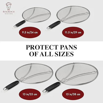 BergKoch Splatter Screen for Frying Pan - 9.5/11.5/13 Inch Stainless Steel Grease Splatter Guard (Set of 3) - Cover Oil Splash when Sizzling Bacon, Cooking Fried Chicken or Popcorn