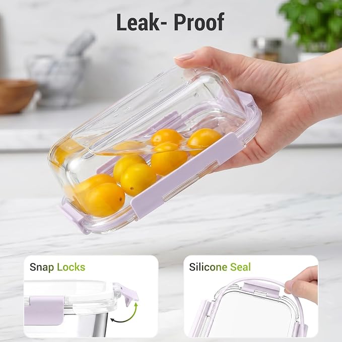 Dealusy 10 Sets (20-Piece) 4.5 Cup & 1.5 Cup Glass Food Storage Containers with lids, Airtight Leak-proof Glass Meal Prep Containers with Lids, Microwave Oven Freezer Dishwasher Safe, Purple