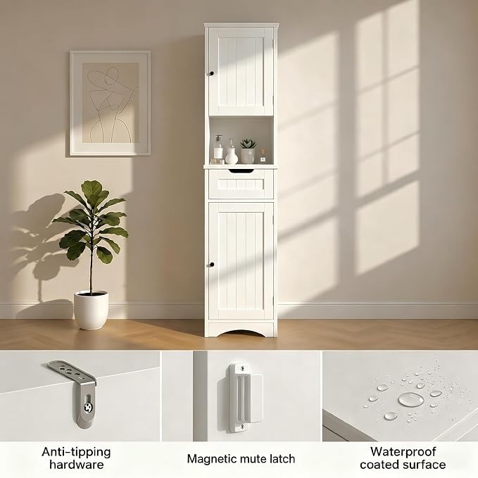 Gizoon 67" H Tall Bathroom Storage Cabinet, Narrow Storage Cabinet with 2 Doors & Drawer, Towel Cabinet with Freestanding Adjustable Shelves for Small Spaces, Kitchen, Living Room, Anti-Tipping, White