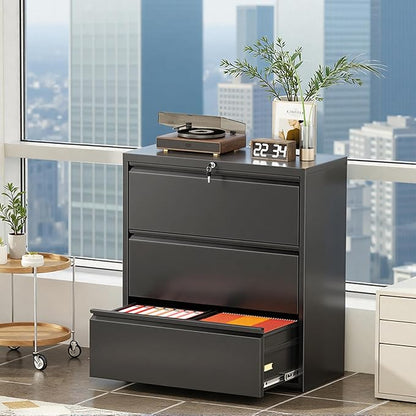 Superday Lateral File Cabinet 3 Drawer Metal File Cabinet with Lock, Black Filing Cabinets for Home Office, Locking Filing Cabinets Hanging Files Letter/Legal/F4/A4