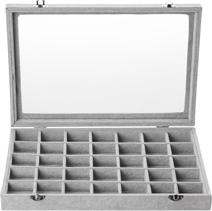 Frebeauty Velvet Jewelry Tray,35 Grid Jewelry Organizer with Clear Lid,Earring Holder Organizer Case with Clasp,Drawer Insert for Rings Studs,13.8 x 9.5 x 2 Inches,Gift for Women Girls(Grey)