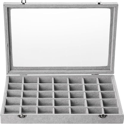 Frebeauty Velvet Jewelry Tray,35 Grid Jewelry Organizer with Clear Lid,Earring Holder Organizer Case with Clasp,Drawer Insert for Rings Studs,13.8 x 9.5 x 2 Inches,Gift for Women Girls(Grey)