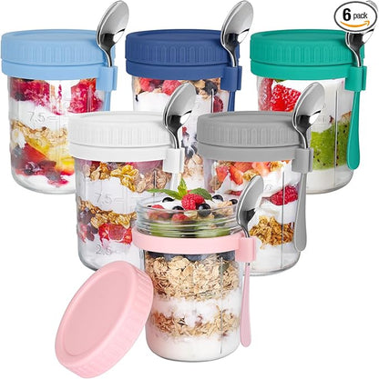 OcePor 6 Pack Overnight Oats Containers with Lids and Spoons, 16 OZ Glass Mason Overnight Oats Jars, Large Capacity Airtight Jars for Milk, Cereal, Fruit