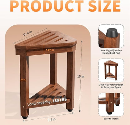 Shower Foot Rest 15 in, Acacia Shower Stool for Shaving Legs,Corner Bath Shower Bench with Starage Shelf for Inside Small Shower Spaces